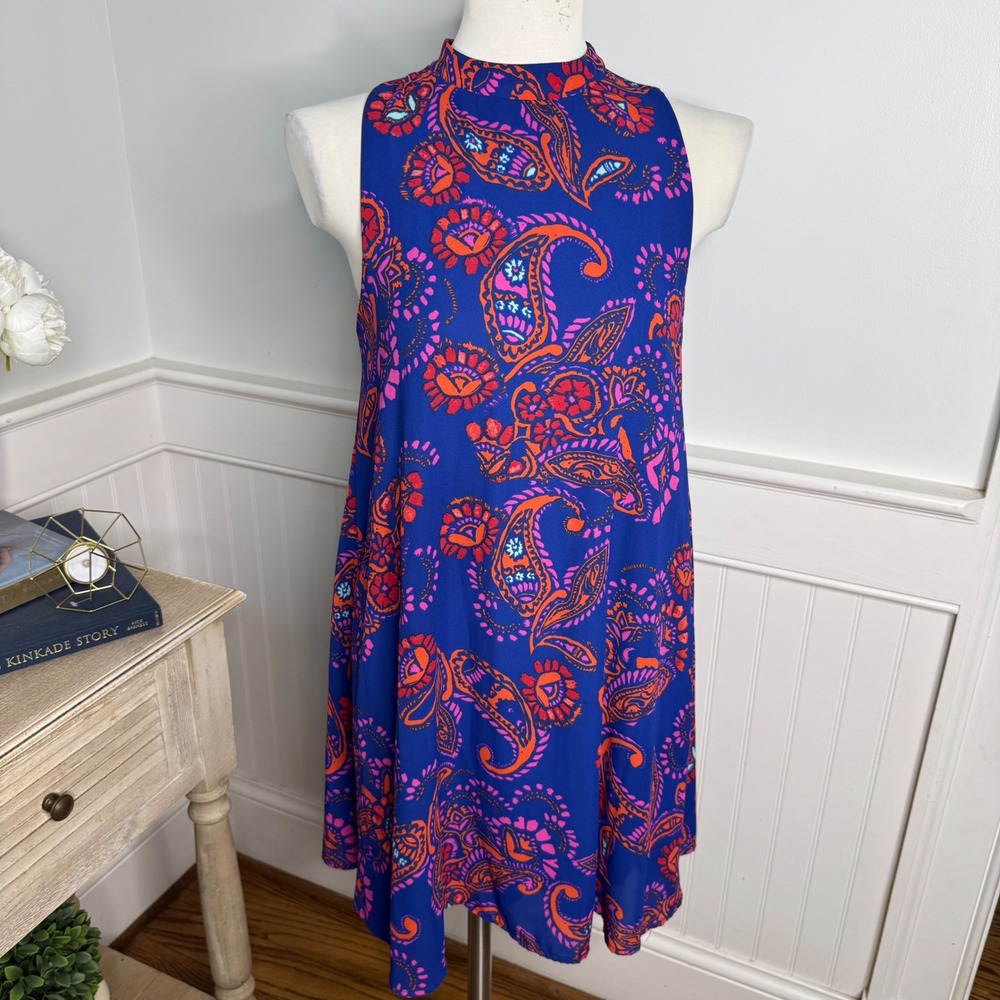 Everly Blue Paisley Mock Neck Sleeveless Swing Shift Dress Small DR6814